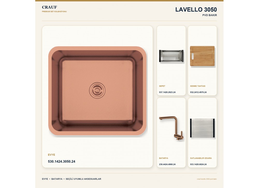 Crauf Lavello 3050 PVD Bakır 49×44 cm Evye + Pesce 4060 PVD Bakır Batarya 5 Parça Premium Set Crauf Lavello 3050 PVD Bakır 49×44 cm Evye + Pesce 4060 PVD Bakır Batarya 5 Parça Premium Set
