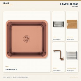 Crauf Lavello 3050 PVD Bakır 49×44 cm Evye + Pesce 4060 PVD Bakır Batarya 5 Parça Premium Set