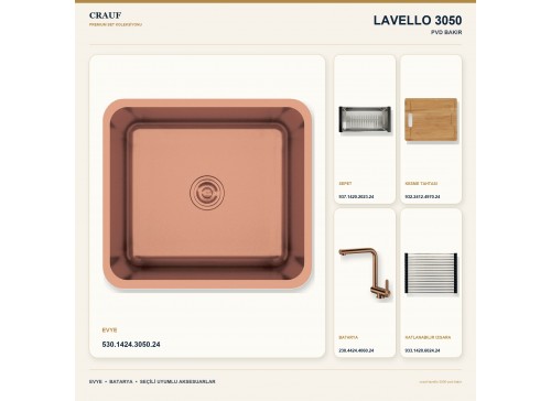Crauf Lavello 3050 PVD Bakır 49×44 cm Evye + Pesce 4060 PVD Bakır Batarya 5 Parça Premium Set