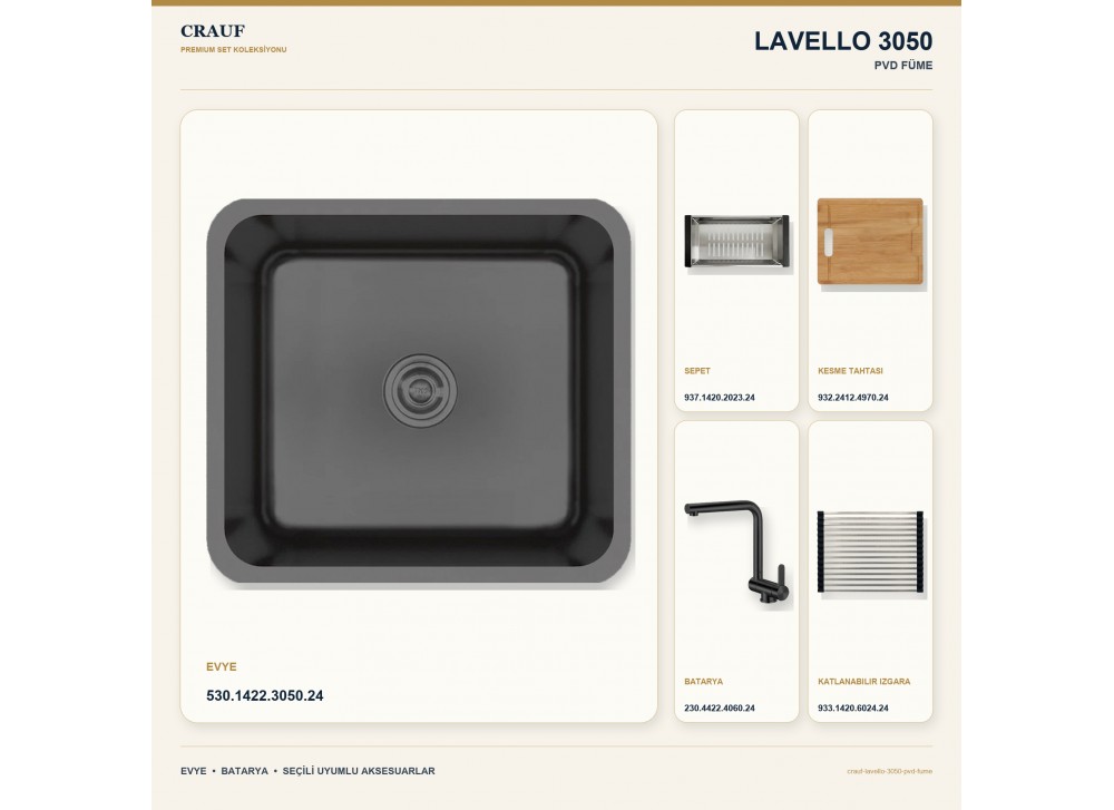 Crauf Lavello 3050 PVD Füme 49×44 cm Evye + Pesce 4060 PVD Füme Batarya 5 Parça Premium Set Crauf Lavello 3050 PVD Füme 49×44 cm Evye + Pesce 4060 PVD Füme Batarya 5 Parça Premium Set