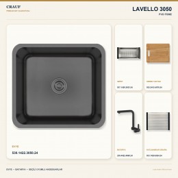 Crauf Lavello 3050 PVD Füme 49×44 cm Evye + Pesce 4060 PVD Füme Batarya 5 Parça Premium Set
