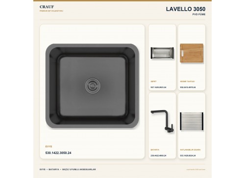 Crauf Lavello 3050 PVD Füme 49×44 cm Evye + Pesce 4060 PVD Füme Batarya 5 Parça Premium Set