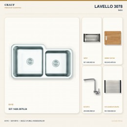 Crauf Lavello 3078 İnox 78×45,2 cm Evye + Pesce 4060 Çelik Batarya 5 Parça Premium Set