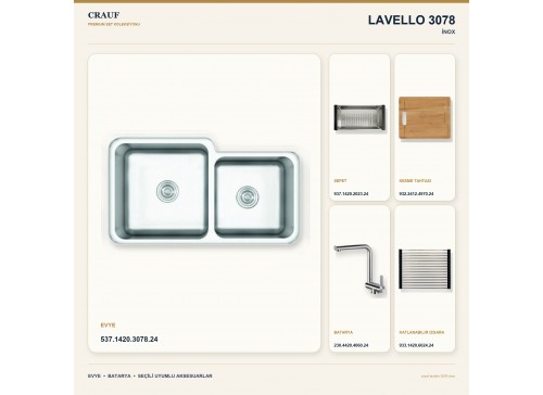 Crauf Lavello 3078 İnox 78×45,2 cm Evye + Pesce 4060 Çelik Batarya 5 Parça Premium Set
