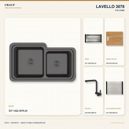 Crauf Lavello 3078 PVD Füme 78×45,2 cm Evye + Pesce 4060 PVD Füme Batarya 5 Parça Premium Set