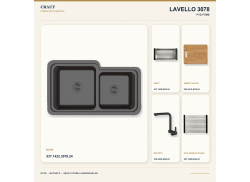 Crauf Lavello 3078 PVD Füme 78×45,2 cm Evye + Pesce 4060 PVD Füme Batarya 5 Parça Premium Set