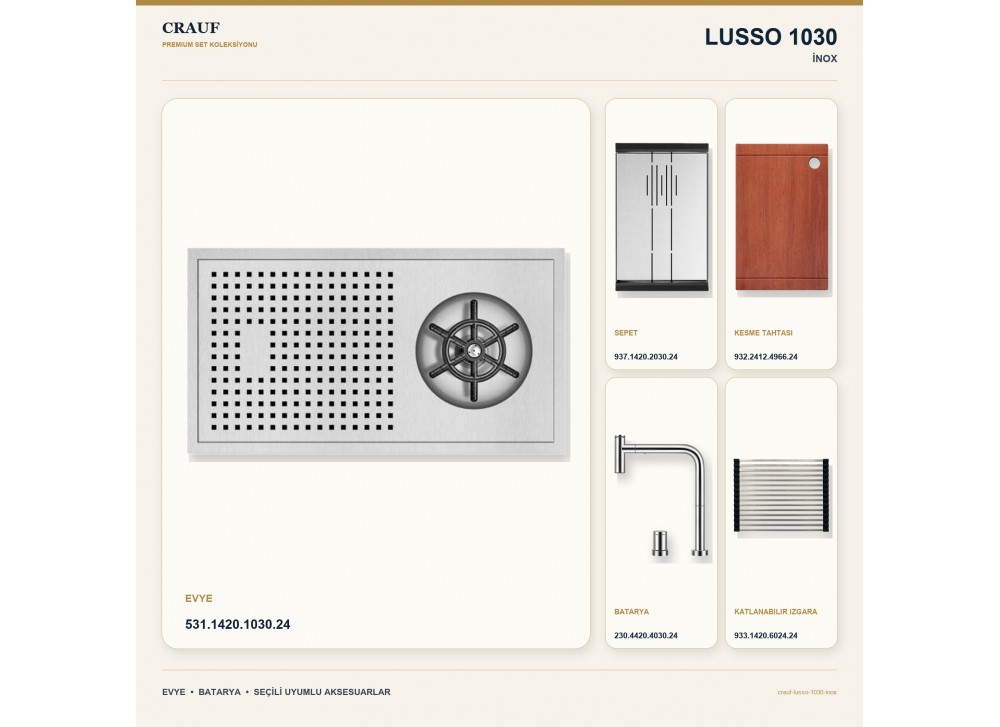 Crauf Lusso 1030 İnox 42×22 cm Evye + Lusso 4030 Çelik Batarya 5 Parça Premium Set Crauf Lusso 1030 İnox 42×22 cm Evye + Lusso 4030 Çelik Batarya 5 Parça Premium Set