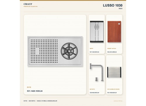 Crauf Lusso 1030 İnox 42×22 cm Evye + Lusso 4030 Çelik Batarya 5 Parça Premium Set