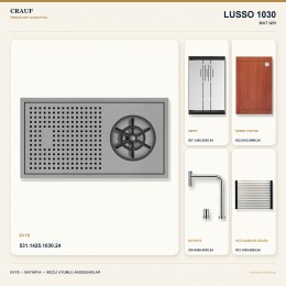 Crauf Lusso 1030 Mat Gri 42×22 cm Evye + Lusso 4030 Çelik (Mat Gri evye için nötr alternatif) Batarya 5 Parça Set