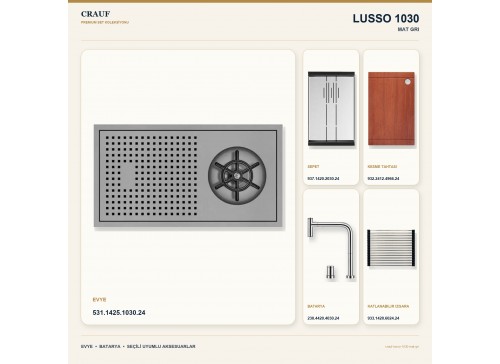 Crauf Lusso 1030 Mat Gri 42×22 cm Evye + Lusso 4030 Çelik (Mat Gri evye için nötr alternatif) Batarya 5 Parça Set