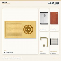 Crauf Lusso 1030 PVD Altın 42×22 cm Evye + Lusso 4030 PVD Altın Batarya 5 Parça Premium Set