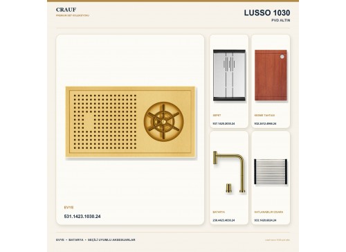 Crauf Lusso 1030 PVD Altın 42×22 cm Evye + Lusso 4030 PVD Altın Batarya 5 Parça Premium Set