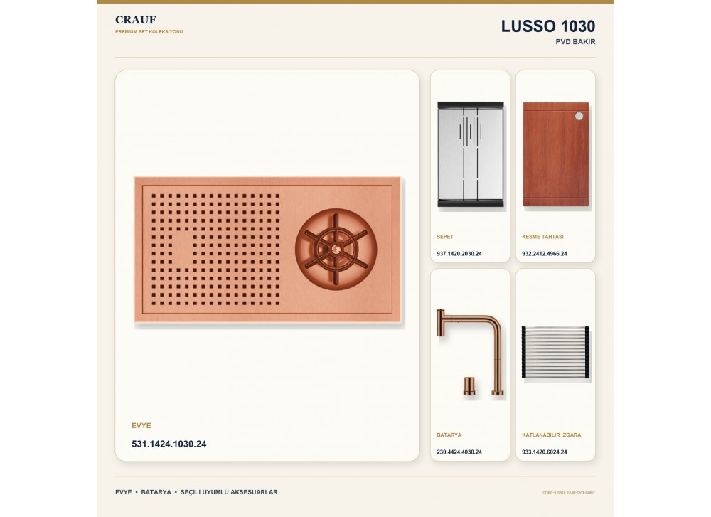 Crauf Lusso 1030 PVD Bakır 42×22 cm Evye + Lusso 4030 PVD Bakır Batarya 5 Parça Premium Set Crauf Lusso 1030 PVD Bakır 42×22 cm Evye + Lusso 4030 PVD Bakır Batarya 5 Parça Premium Set