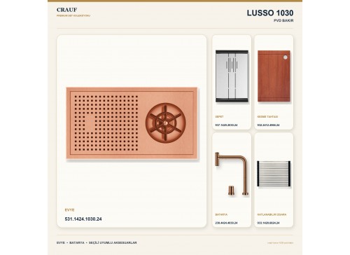 Crauf Lusso 1030 PVD Bakır 42×22 cm Evye + Lusso 4030 PVD Bakır Batarya 5 Parça Premium Set