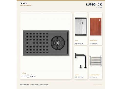 Crauf Lusso 1030 PVD Füme 42×22 cm Evye + Lusso 4030 PVD Füme Batarya 5 Parça Premium Set