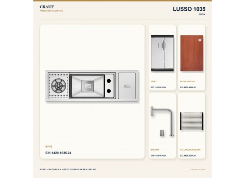 Crauf Lusso 1035 İnox 79×27 cm Evye + Lusso 4030 Çelik Batarya 5 Parça Premium Set