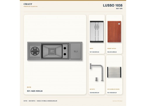 Crauf Lusso 1035 Mat Gri 79×27 cm Evye + Lusso 4030 Çelik (Mat Gri evye için nötr alternatif) Batarya 5 Parça Set