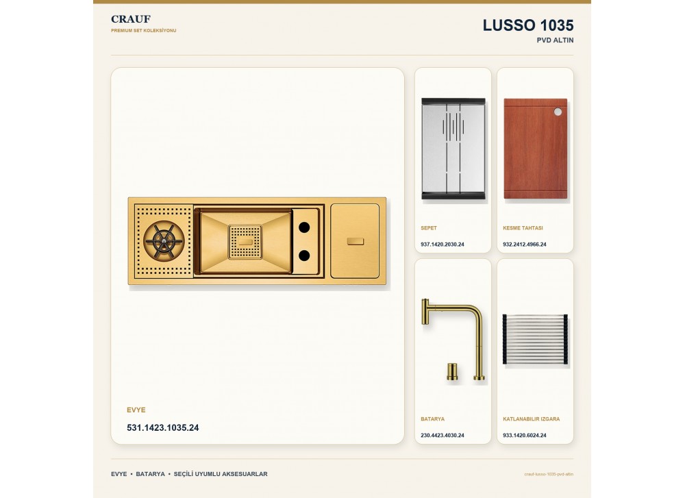 Crauf Lusso 1035 PVD Altın 79×27 cm Evye + Lusso 4030 PVD Altın Batarya 5 Parça Premium Set Crauf Lusso 1035 PVD Altın 79×27 cm Evye + Lusso 4030 PVD Altın Batarya 5 Parça Premium Set