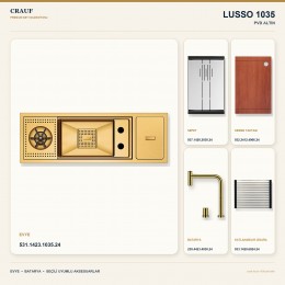 Crauf Lusso 1035 PVD Altın 79×27 cm Evye + Lusso 4030 PVD Altın Batarya 5 Parça Premium Set