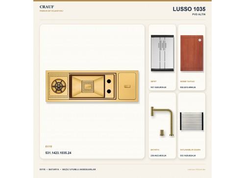 Crauf Lusso 1035 PVD Altın 79×27 cm Evye + Lusso 4030 PVD Altın Batarya 5 Parça Premium Set