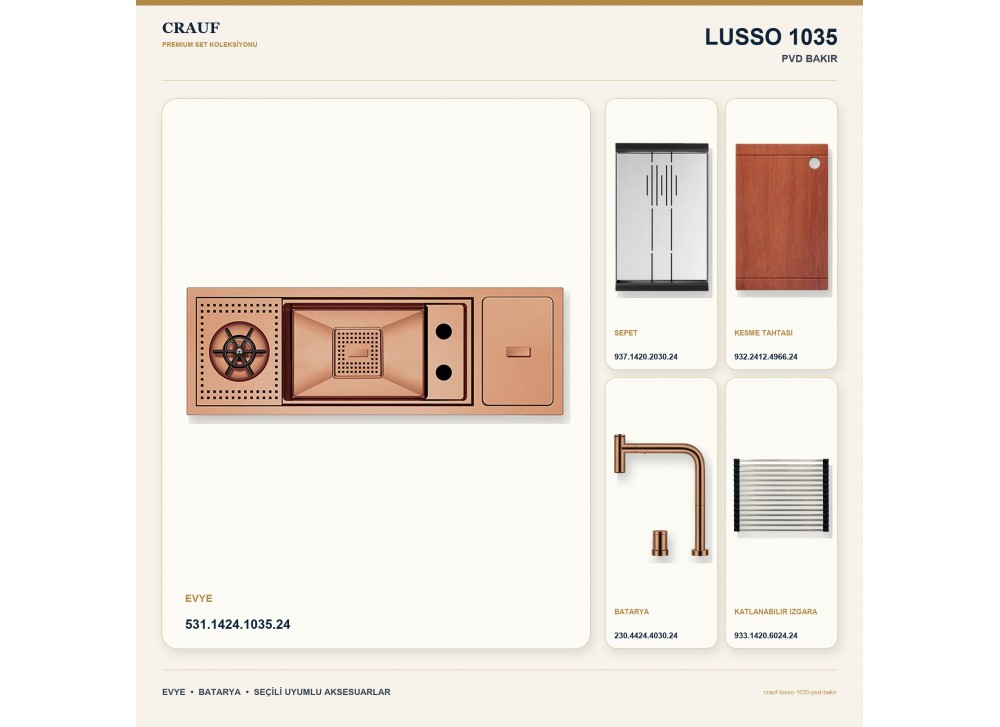 Crauf Lusso 1035 PVD Bakır 79×27 cm Evye + Lusso 4030 PVD Bakır Batarya 5 Parça Premium Set Crauf Lusso 1035 PVD Bakır 79×27 cm Evye + Lusso 4030 PVD Bakır Batarya 5 Parça Premium Set