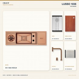 Crauf Lusso 1035 PVD Bakır 79×27 cm Evye + Lusso 4030 PVD Bakır Batarya 5 Parça Premium Set