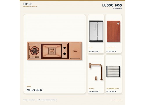 Crauf Lusso 1035 PVD Bakır 79×27 cm Evye + Lusso 4030 PVD Bakır Batarya 5 Parça Premium Set