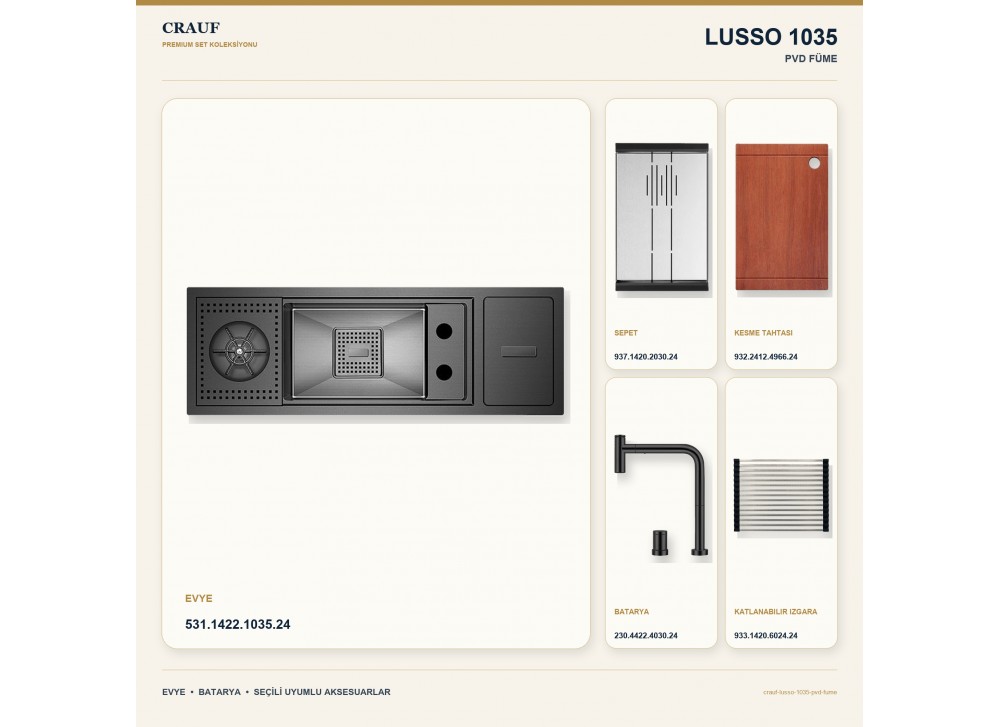 Crauf Lusso 1035 PVD Füme 79×27 cm Evye + Lusso 4030 PVD Füme Batarya 5 Parça Premium Set Crauf Lusso 1035 PVD Füme 79×27 cm Evye + Lusso 4030 PVD Füme Batarya 5 Parça Premium Set
