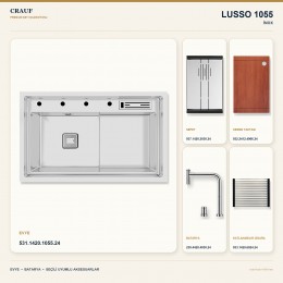 Crauf Lusso 1055 İnox 80×48 cm Evye + Lusso 4030 Çelik Batarya 5 Parça Premium Set