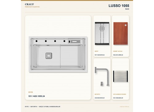 Crauf Lusso 1055 İnox 80×48 cm Evye + Lusso 4030 Çelik Batarya 5 Parça Premium Set