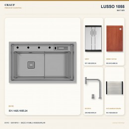 Crauf Lusso 1055 Mat Gri 80×48 cm Evye + Lusso 4030 Çelik (Mat Gri evye için nötr alternatif) Batarya 5 Parça Set