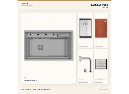 Crauf Lusso 1055 Mat Gri 80×48 cm Evye + Lusso 4030 Çelik (Mat Gri evye için nötr alternatif) Batarya 5 Parça Set