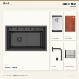 Crauf Lusso 1055 PVD Füme 80×48 cm Evye + Lusso 4030 PVD Füme Batarya 5 Parça Premium Set