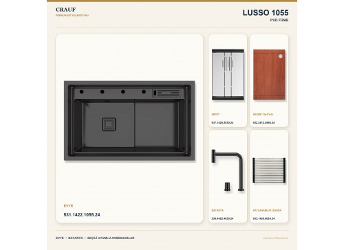 Crauf Lusso 1055 PVD Füme 80×48 cm Evye + Lusso 4030 PVD Füme Batarya 5 Parça Premium Set