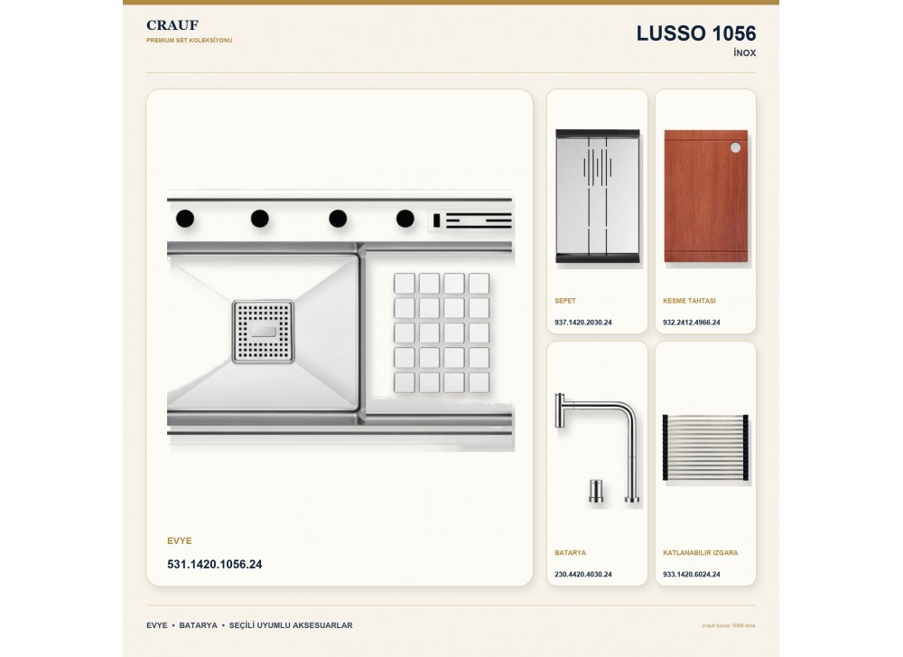 Crauf Lusso 1056 İnox 86×48 cm Evye + Lusso 4030 Çelik Batarya 5 Parça Premium Set Crauf Lusso 1056 İnox 86×48 cm Evye + Lusso 4030 Çelik Batarya 5 Parça Premium Set
