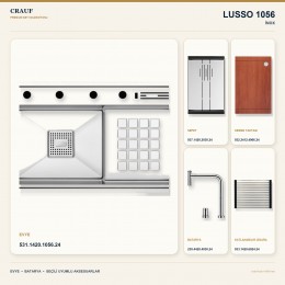 Crauf Lusso 1056 İnox 86×48 cm Evye + Lusso 4030 Çelik Batarya 5 Parça Premium Set