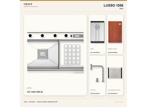 Crauf Lusso 1056 İnox 86×48 cm Evye + Lusso 4030 Çelik Batarya 5 Parça Premium Set