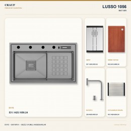 Crauf Lusso 1056 Mat Gri 86×48 cm Evye + Lusso 4030 Çelik (Mat Gri evye için nötr alternatif) Batarya 5 Parça Set