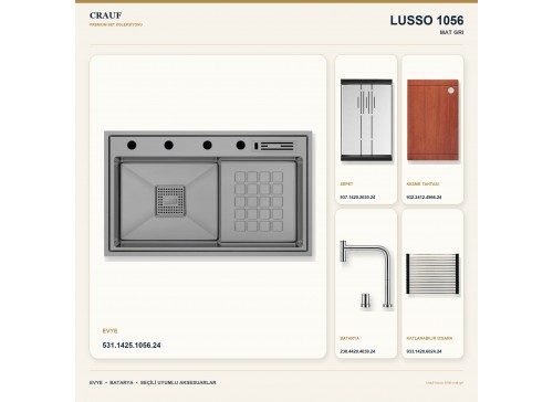 Crauf Lusso 1056 Mat Gri 86×48 cm Evye + Lusso 4030 Çelik (Mat Gri evye için nötr alternatif) Batarya 5 Parça Set