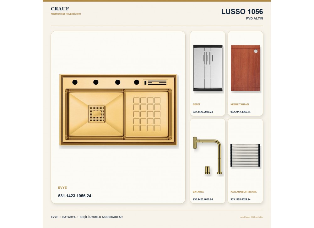 Crauf Lusso 1056 PVD Altın 86×48 cm Evye + Lusso 4030 PVD Altın Batarya 5 Parça Premium Set Crauf Lusso 1056 PVD Altın 86×48 cm Evye + Lusso 4030 PVD Altın Batarya 5 Parça Premium Set