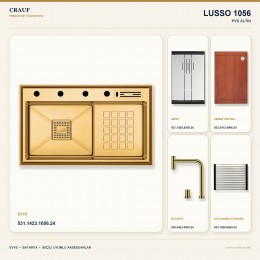 Crauf Lusso 1056 PVD Altın 86×48 cm Evye + Lusso 4030 PVD Altın Batarya 5 Parça Premium Set