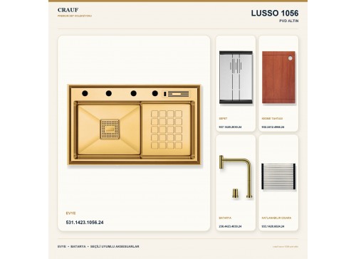 Crauf Lusso 1056 PVD Altın 86×48 cm Evye + Lusso 4030 PVD Altın Batarya 5 Parça Premium Set