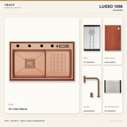 Crauf Lusso 1056 PVD Bakır 86×48 cm Evye + Lusso 4030 PVD Bakır Batarya 5 Parça Premium Set