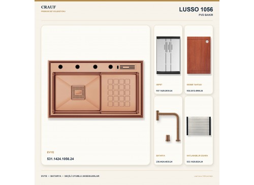 Crauf Lusso 1056 PVD Bakır 86×48 cm Evye + Lusso 4030 PVD Bakır Batarya 5 Parça Premium Set