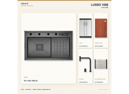 Crauf Lusso 1056 PVD Füme 86×48 cm Evye + Lusso 4030 PVD Füme Batarya 5 Parça Premium Set