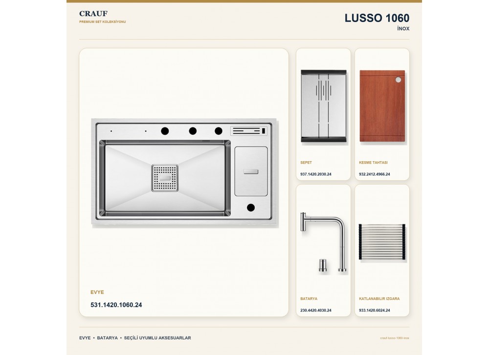 Crauf Lusso 1060 İnox 86×49 cm Evye + Lusso 4030 Çelik Batarya 5 Parça Premium Set Crauf Lusso 1060 İnox 86×49 cm Evye + Lusso 4030 Çelik Batarya 5 Parça Premium Set