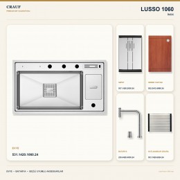 Crauf Lusso 1060 İnox 86×49 cm Evye + Lusso 4030 Çelik Batarya 5 Parça Premium Set