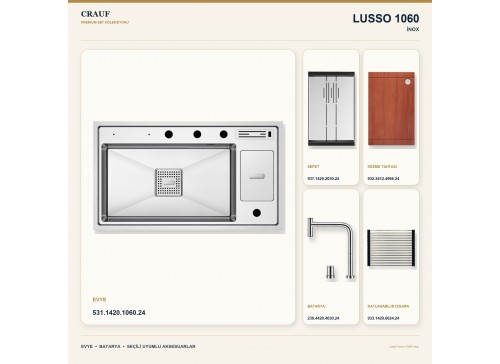 Crauf Lusso 1060 İnox 86×49 cm Evye + Lusso 4030 Çelik Batarya 5 Parça Premium Set