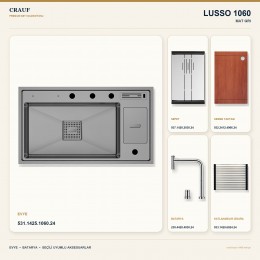 Crauf Lusso 1060 Mat Gri 86×49 cm Evye + Lusso 4030 Çelik (Mat Gri evye için nötr alternatif) Batarya 5 Parça Set