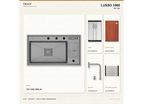 Crauf Lusso 1060 Mat Gri 86×49 cm Evye + Lusso 4030 Çelik (Mat Gri evye için nötr alternatif) Batarya 5 Parça Set